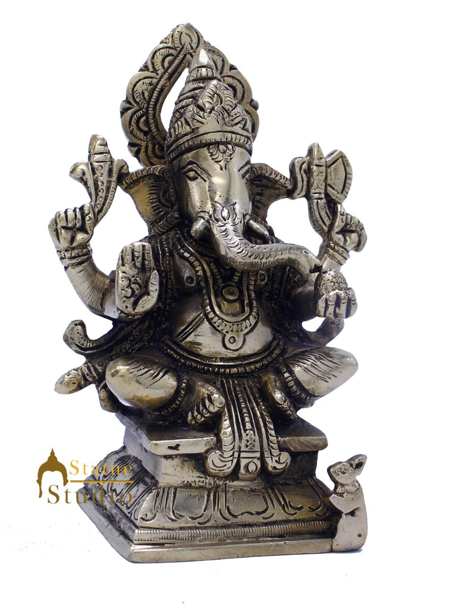 Brass Small Lucky Sitting Ganesha Idol Corporate Diwali Gift Décor Statue 5.5 Inch - Image 4