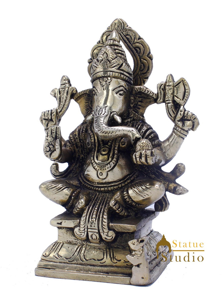 Brass Small Lucky Sitting Ganesha Idol Corporate Diwali Gift Décor Statue 5.5 Inch