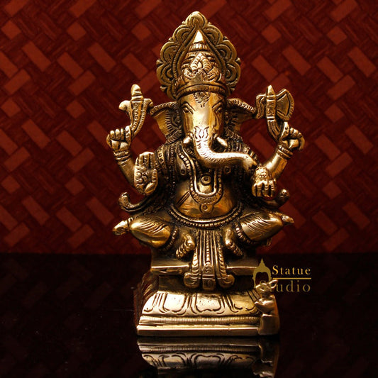 Brass Small Lucky Sitting Ganesha Idol Corporate Diwali Gift Décor Statue 5.5 Inch