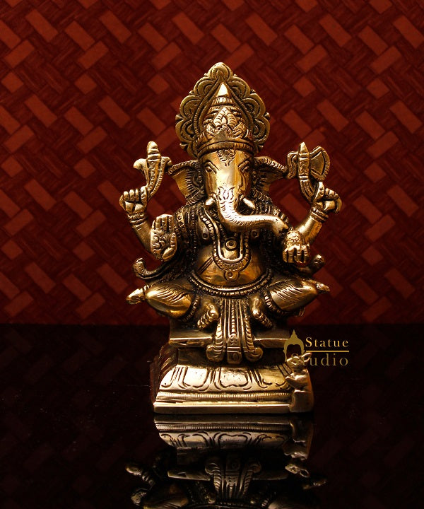 Brass Small Lucky Sitting Ganesha Idol Corporate Diwali Gift Décor Statue 5.5 Inch - Image 2