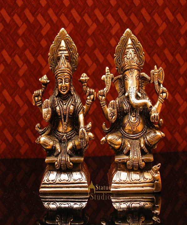 Brass Ganesha Lakshmi Idol For Home Temple Pooja Room Diwali Décor Statue Gift 5.5"