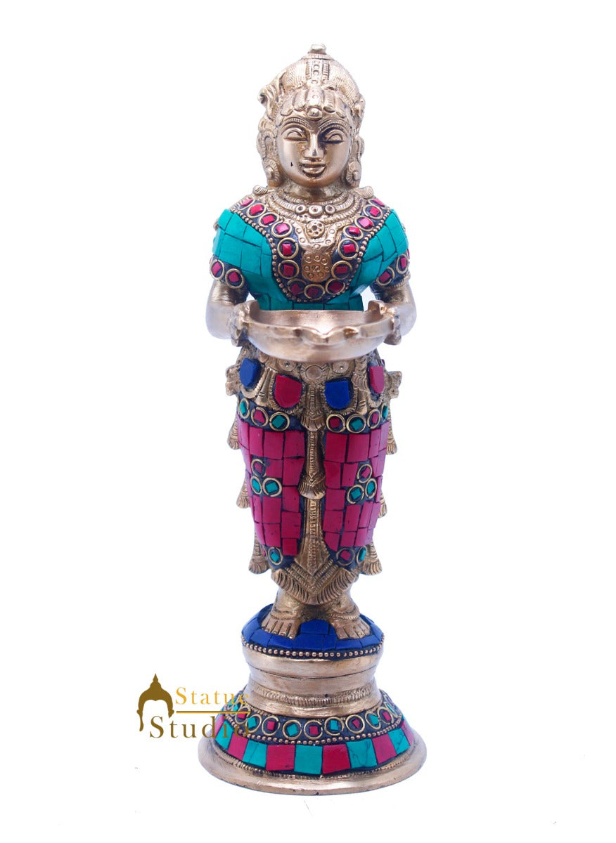 Brass Standing Deep Lady DeepLakshmi Idol For Home Temple Pooja Room Diwali Décor Statue 9"