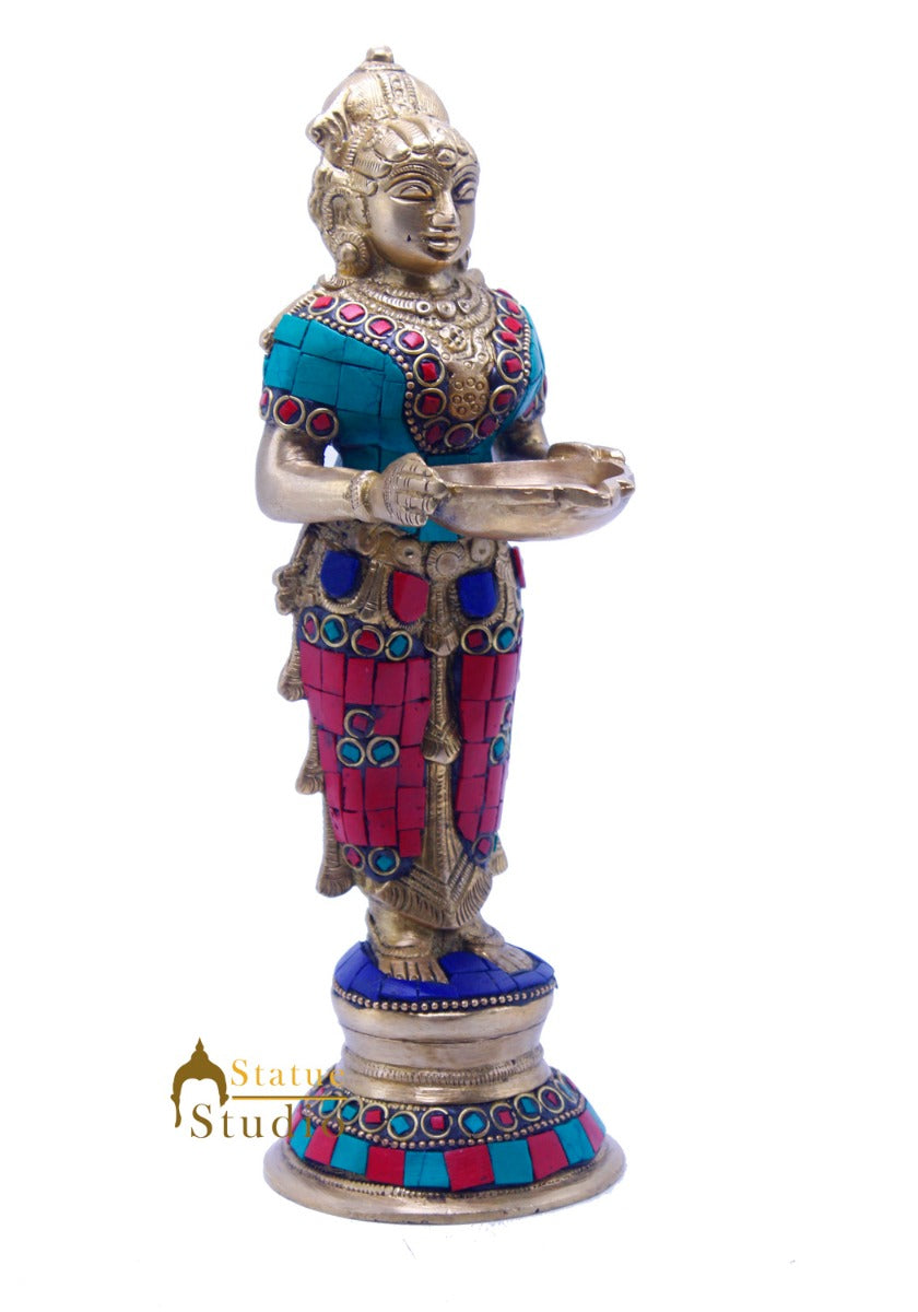 Brass Standing Deep Lady DeepLakshmi Idol For Home Temple Pooja Room Diwali Décor Statue 9" - Image 4