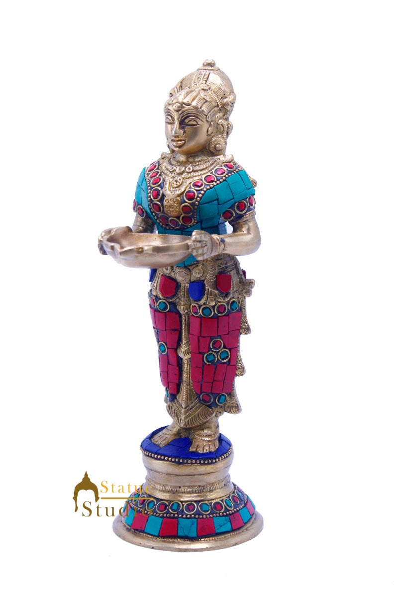 Brass Standing Deep Lady DeepLakshmi Idol For Home Temple Pooja Room Diwali Décor Statue 9"
