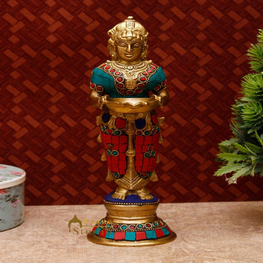 Brass Standing Deep Lady DeepLakshmi Idol For Home Temple Pooja Room Diwali Décor Statue 9"