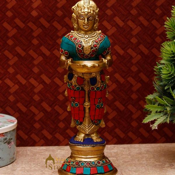 Brass Standing Deep Lady DeepLakshmi Idol For Home Temple Pooja Room Diwali Décor Statue 9"