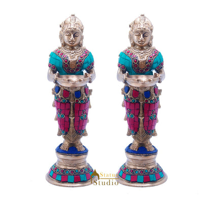 Brass Standing Deep Lady DeepLakshmi Idol Pair For Home Temple Pooja Room Diwali Décor Statue 9" by vendor-unknown - Spiritual (View 3)