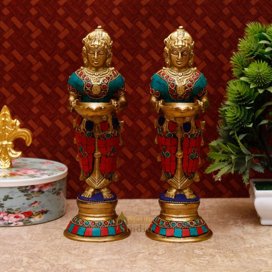 Brass Standing Deep Lady DeepLakshmi Idol Pair For Home Temple Pooja Room Diwali Décor Statue 9"
