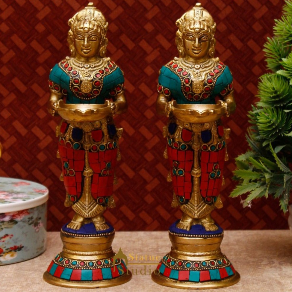 Brass Standing Deep Lady DeepLakshmi Idol Pair For Home Temple Pooja Room Diwali Décor Statue 9" - Image 2