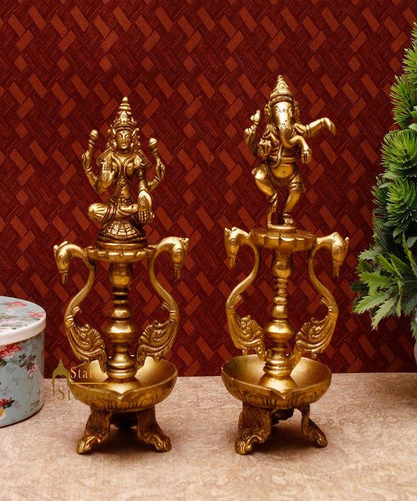Brass Laxmi Ganesha Diya For Home Temple Pooja Room Diwali Décor Gift 8" - Image 2