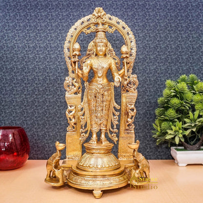 Brass Antique Goddess Lakshmi Large Idol For Pooja Home Temple Décor Statue 16" by vendor-unknown - Hindu Gods