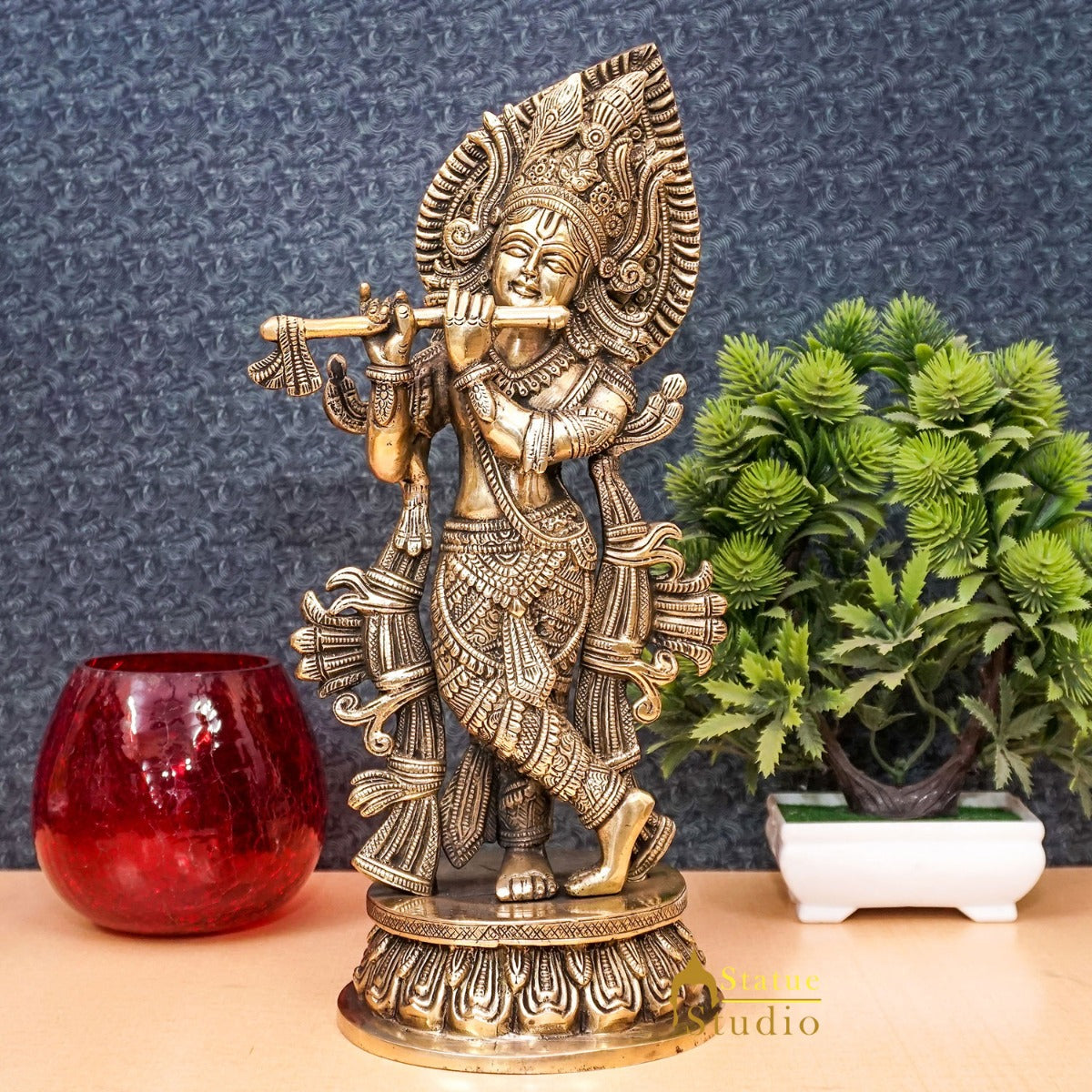Brass Antique Lord Krishna Idol Fine Showpiece For Home Pooja Décor Gift 13"