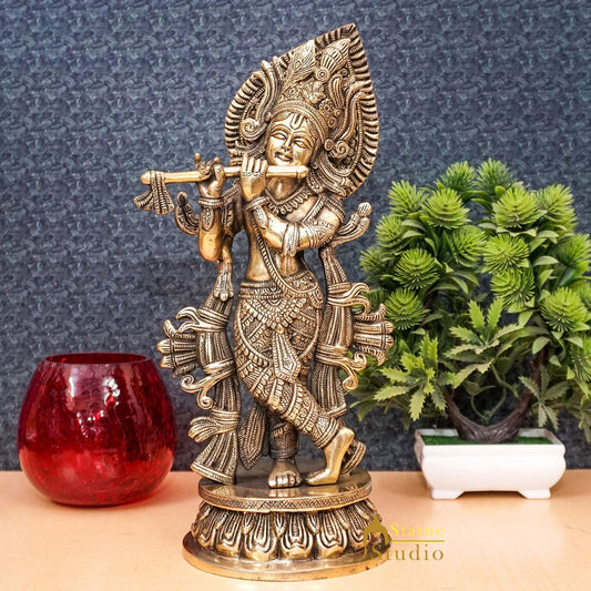 Brass Antique Lord Krishna Idol Fine Showpiece For Home Pooja Décor Gift 13"