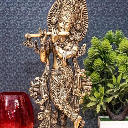 Brass Antique Lord Krishna Idol Fine Showpiece For Home Pooja Décor Gift 13"