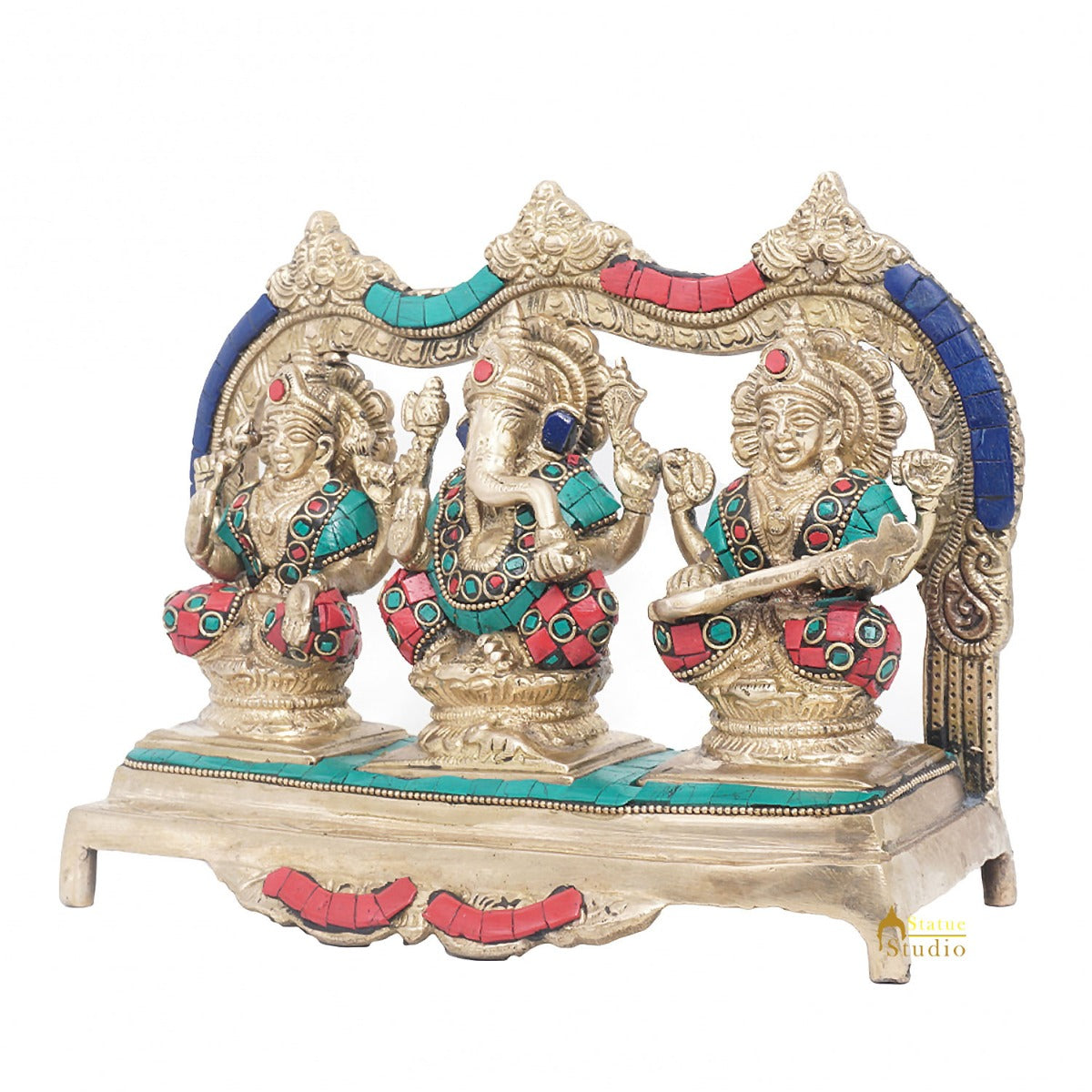 Brass Laxmi Ganesha Saraswati Idol For Home Pooja Décor Gift Statue 7" - Image 4