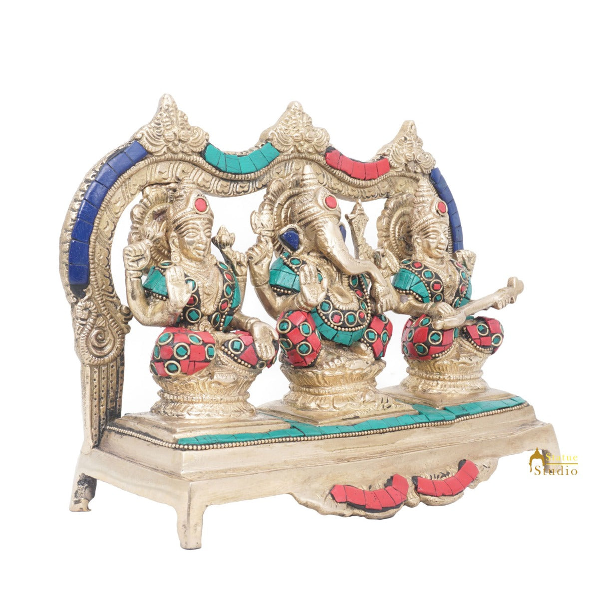 Brass Laxmi Ganesha Saraswati Idol For Home Pooja Décor Gift Statue 7" - Image 5