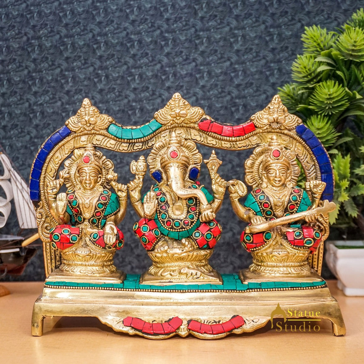 Brass Laxmi Ganesha Saraswati Idol For Home Pooja Décor Gift Statue 7" - Eco-friendly - Sama Homes