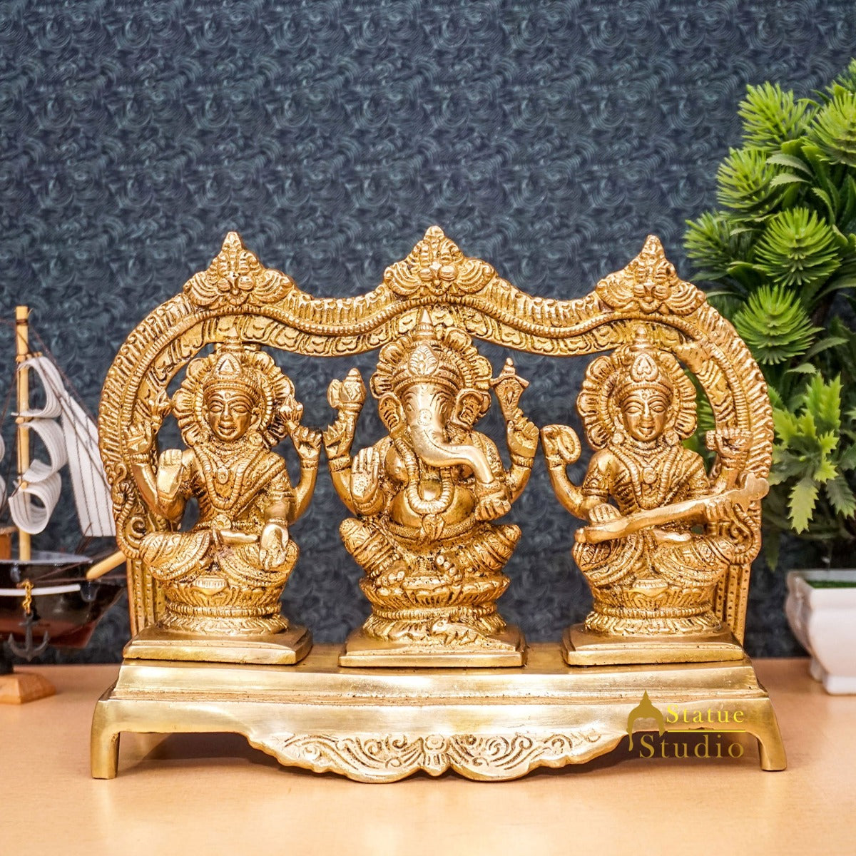 Brass Laxmi Ganesha Saraswati Idol For Home Pooja Décor Gift Statue 7"