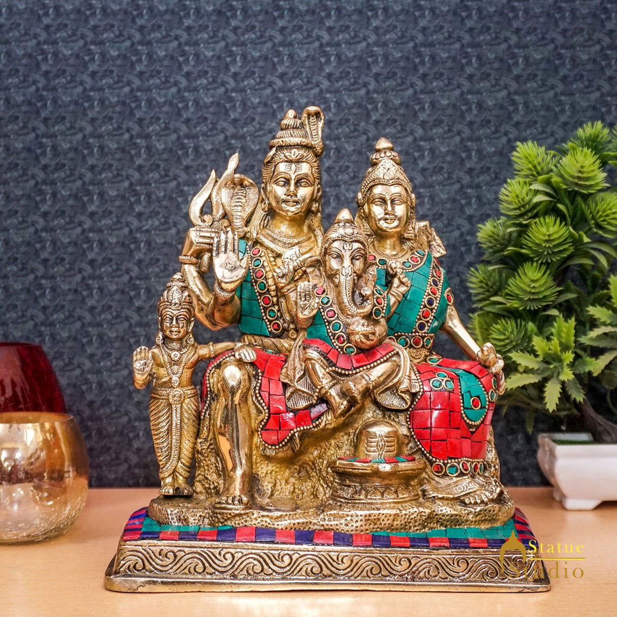 Brass Shiva Family With Parvati Ganesh Karthik Idol For Home Pooja Decor 9.5" - Eco-friendly - Sama Homes