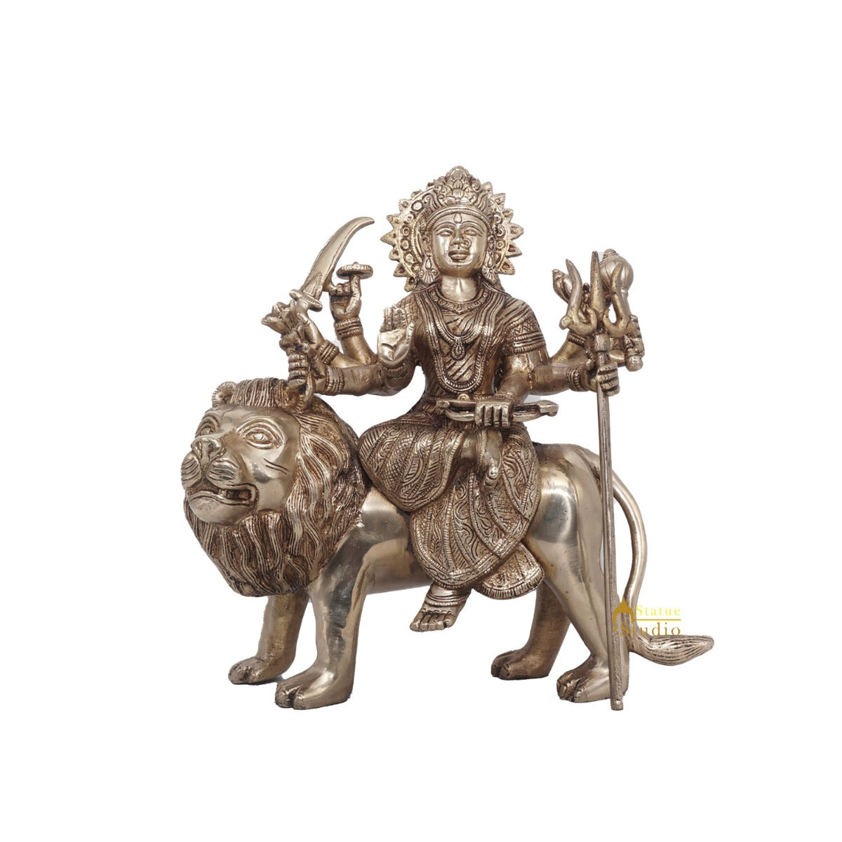 Brass Antique Durga Statue Sherawali Maa Idol For Pooja Home Office Décor Gift - Image 3