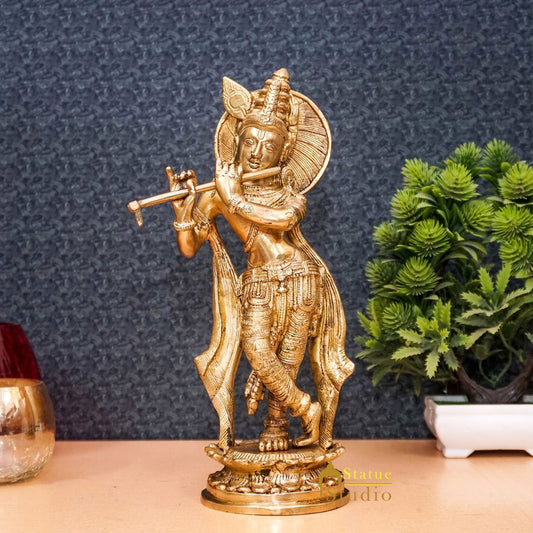 Brass Antique Lord Krishna Idol Showpiece For Home Pooja Décor Gift Statue 11"