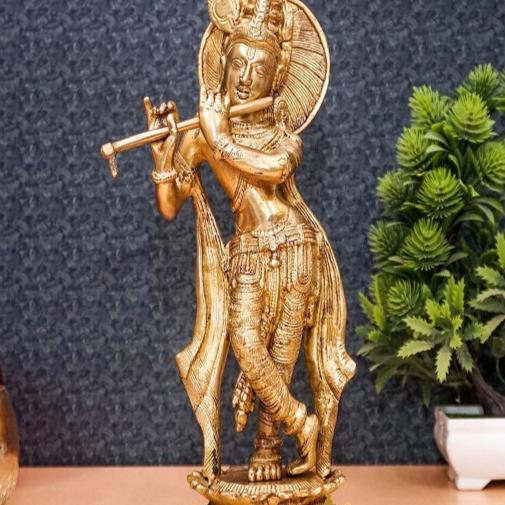 Brass Antique Lord Krishna Idol Showpiece For Home Pooja Décor Gift Statue 11" - Image 2