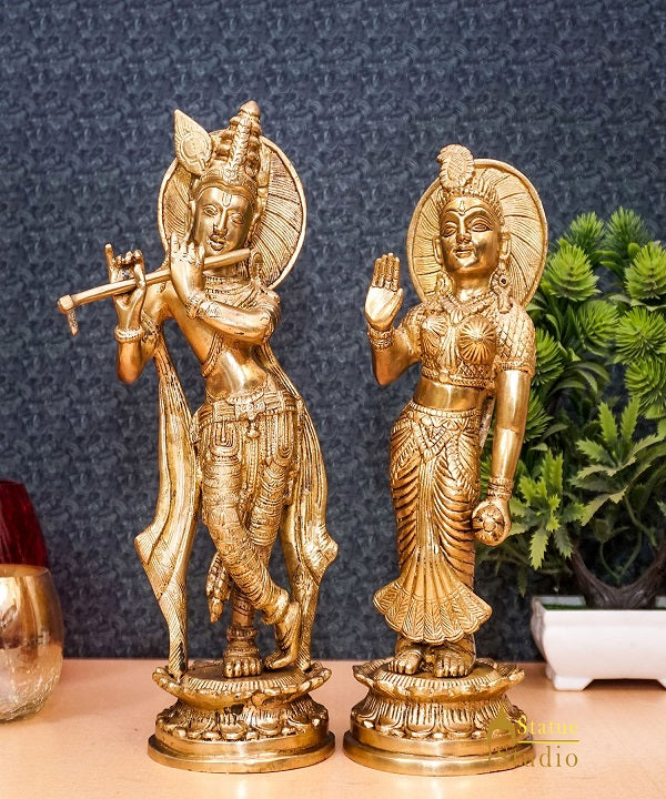 Brass Antique Lord Radha Krishna Idol For Home Pooja Décor Gift Statue 11"