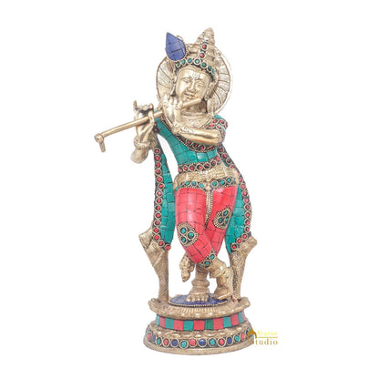 Brass Antique Lord Krishna Idol Showpiece For Home Pooja Décor Gift Statue 11" by vendor-unknown - Hindu Gods (View 3)