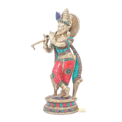 Brass Antique Lord Krishna Idol Showpiece For Home Pooja Décor Gift Statue 11" by vendor-unknown - Hindu Gods (View 4)