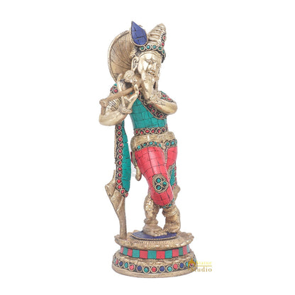Brass Antique Lord Krishna Idol Showpiece For Home Pooja Décor Gift Statue 11" by vendor-unknown - Hindu Gods (View 5)