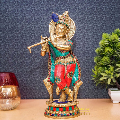 Brass Antique Lord Krishna Idol Showpiece For Home Pooja Décor Gift Statue 11" by vendor-unknown - Hindu Gods
