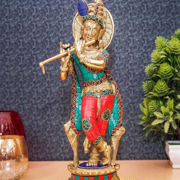 Brass Antique Lord Krishna Idol Showpiece For Home Pooja Décor Gift Statue 11" - Image 2