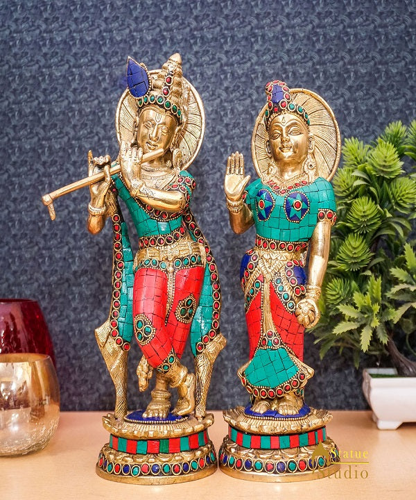 Brass Antique Lord Radha Krishna Idol For Home Pooja Décor Gift Statue 11"