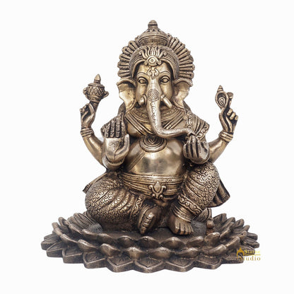 Brass Lord Ganesha Statue On Lotus Antique Finish For Home Decor Gift 7" by vendor-unknown - Products (View 2)