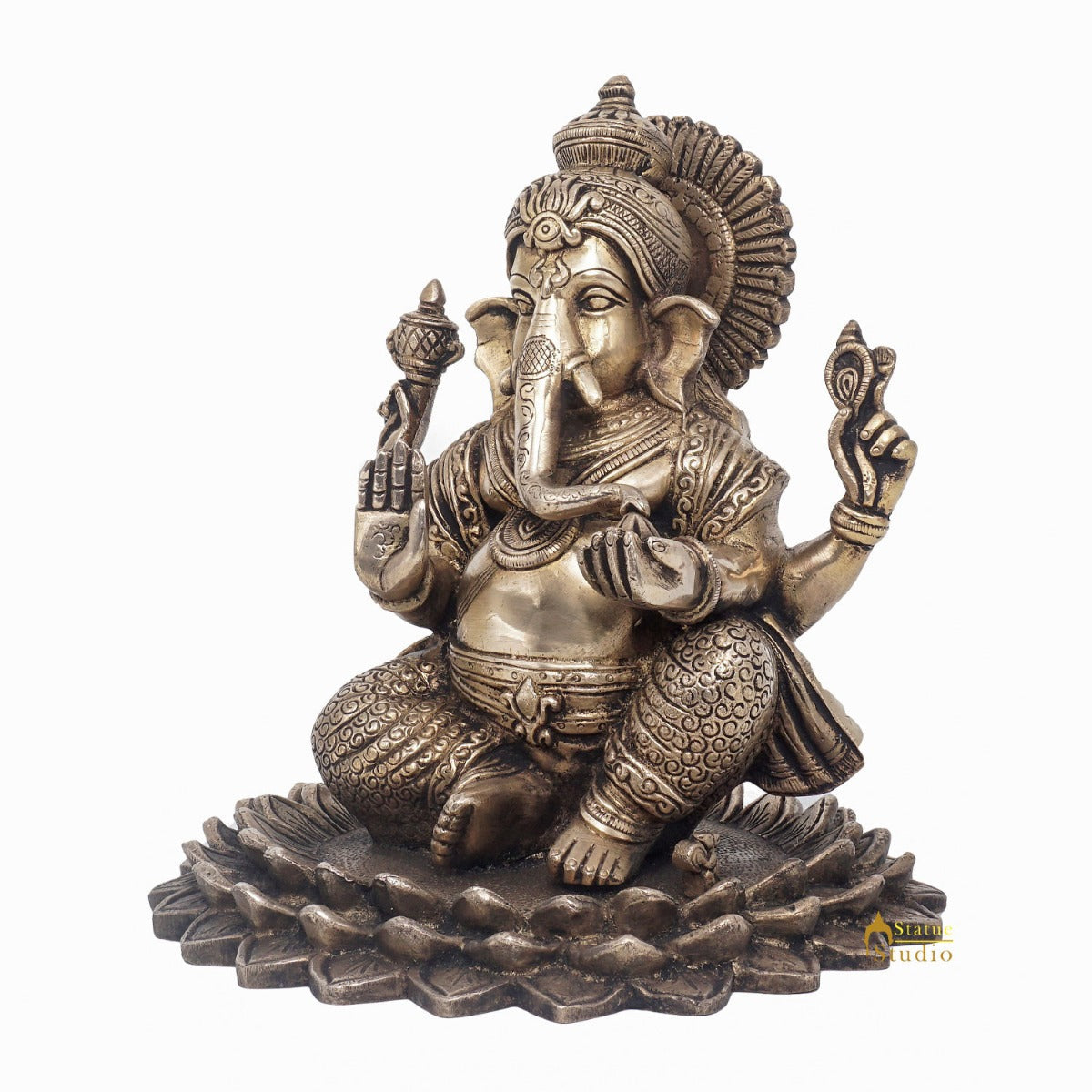 Brass Lord Ganesha Statue On Lotus Antique Finish For Home Decor Gift 7" - Image 3