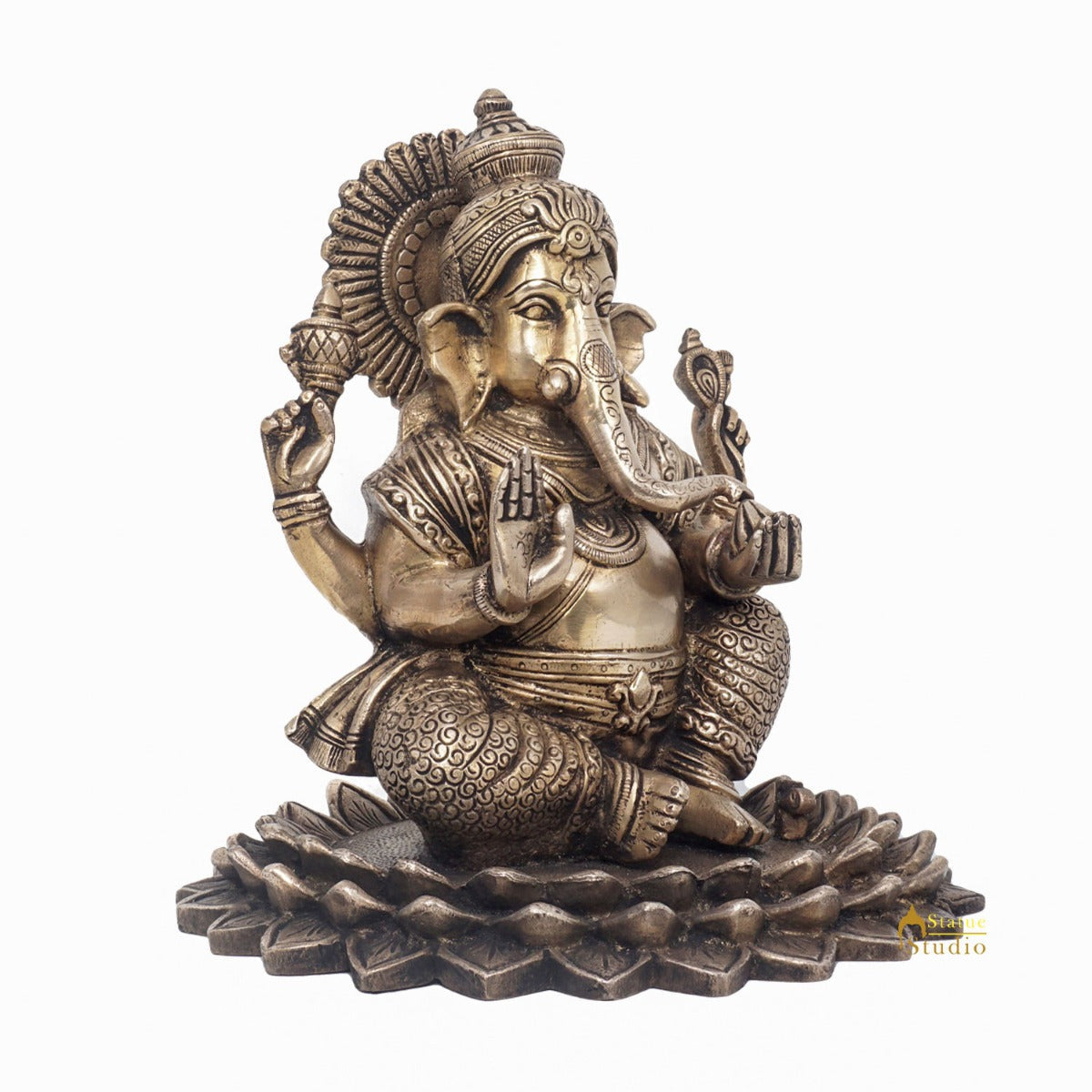 Brass Lord Ganesha Statue On Lotus Antique Finish For Home Decor Gift 7" - Image 4