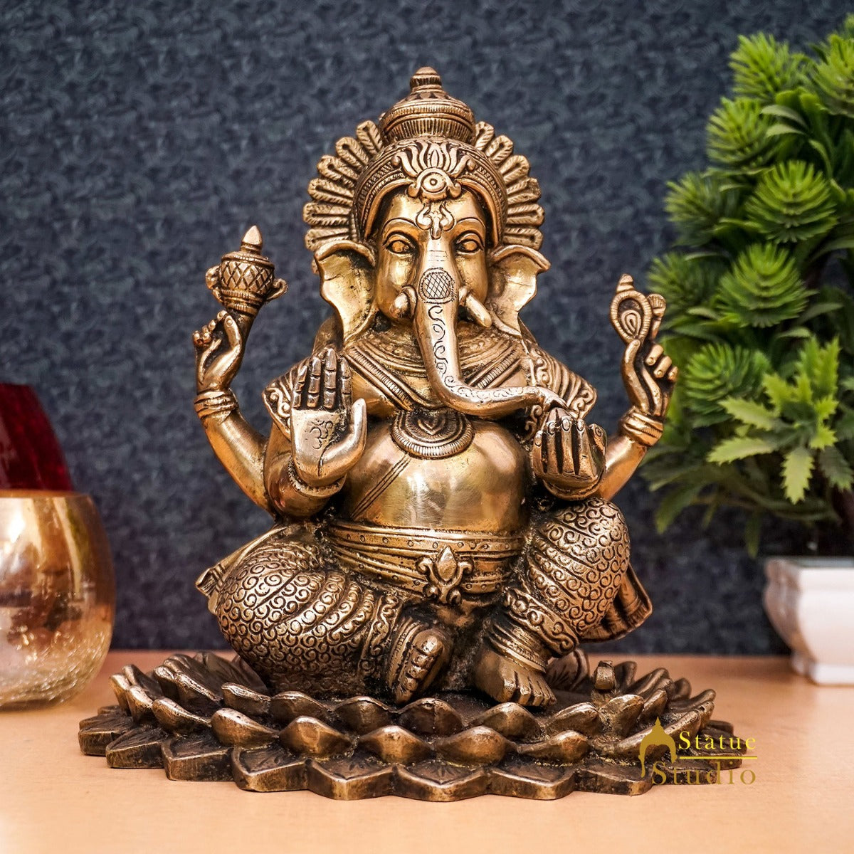 Brass Lord Ganesha Statue On Lotus Antique Finish For Home Decor Gift 7" - Eco-friendly - Sama Homes