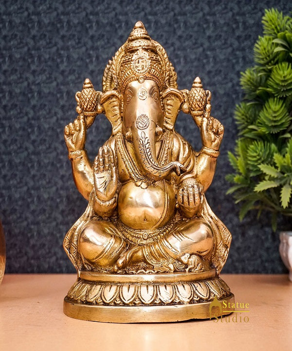 Brass Ganesha Statue Ganpati Sitting Idol Home Pooja Room Décor Gift 7.5" - Image 2