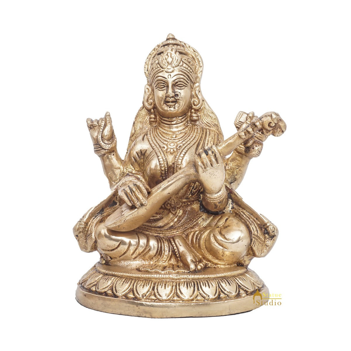 Brass Goddess Saraswati Idol Statue For Home Office Puja Room Décor 7.5" - Image 3