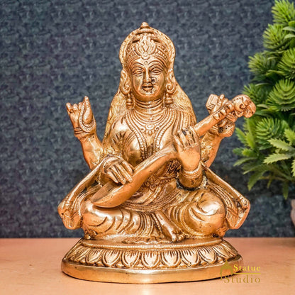 Brass Goddess Saraswati Idol Statue For Home Office Puja Room Décor 7.5" by vendor-unknown - Hindu Gods