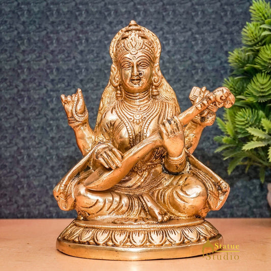 Brass Goddess Saraswati Idol Statue For Home Office Puja Room Décor 7.5"