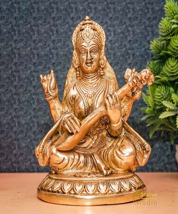 Brass Goddess Saraswati Idol Statue For Home Office Puja Room Décor 7.5"