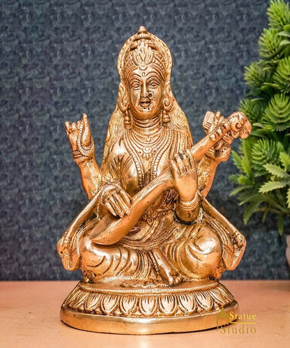 Brass Goddess Saraswati Idol Statue For Home Office Puja Room Décor 7.5" by vendor-unknown - Hindu Gods (View 2)