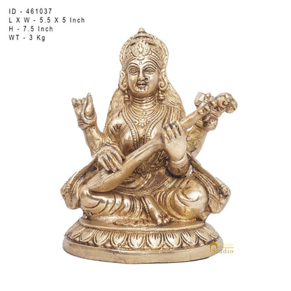 Brass Goddess Saraswati Idol Statue For Home Office Puja Room Décor 7.5" by vendor-unknown - Hindu Gods (View 7)