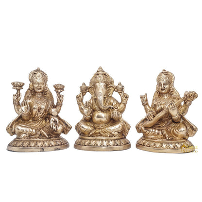 Brass Ganesha Lakshmi Saraswati Idol Statue For Diwali Home Puja Décor Gift 7.5" by vendor-unknown - Hindu Gods (View 3)