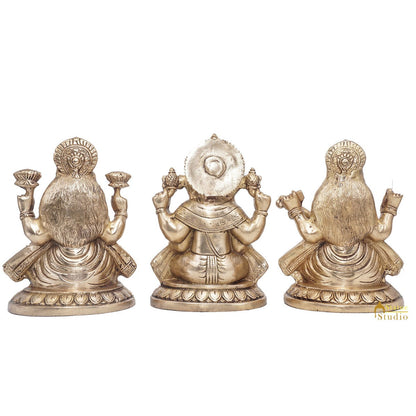Brass Ganesha Lakshmi Saraswati Idol Statue For Diwali Home Puja Décor Gift 7.5" by vendor-unknown - Hindu Gods (View 4)