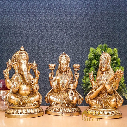 Brass Ganesha Lakshmi Saraswati Idol Statue For Diwali Home Puja Décor Gift 7.5" by vendor-unknown - Hindu Gods