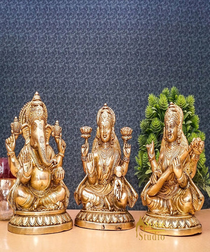 Brass Ganesha Lakshmi Saraswati Idol Statue For Diwali Home Puja Décor Gift 7.5" by vendor-unknown - Hindu Gods (View 2)