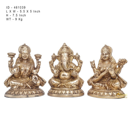 Brass Ganesha Lakshmi Saraswati Idol Statue For Diwali Home Puja Décor Gift 7.5" by vendor-unknown - Hindu Gods (View 5)
