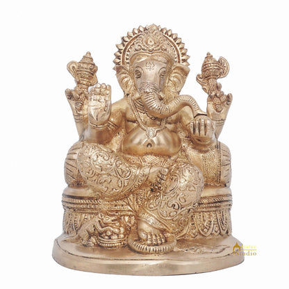 Brass Ganesha Statue Ganpati Sitting On Singhasan Idol Home Puja Décor Gift 7" by vendor-unknown - Products (View 3)